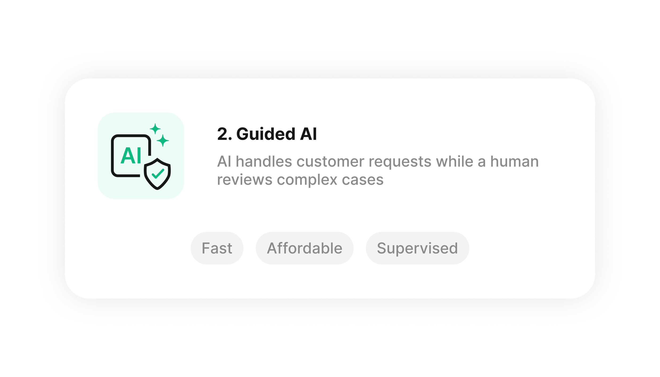 Supervised AI card showing fast and affordable request handling with human oversight