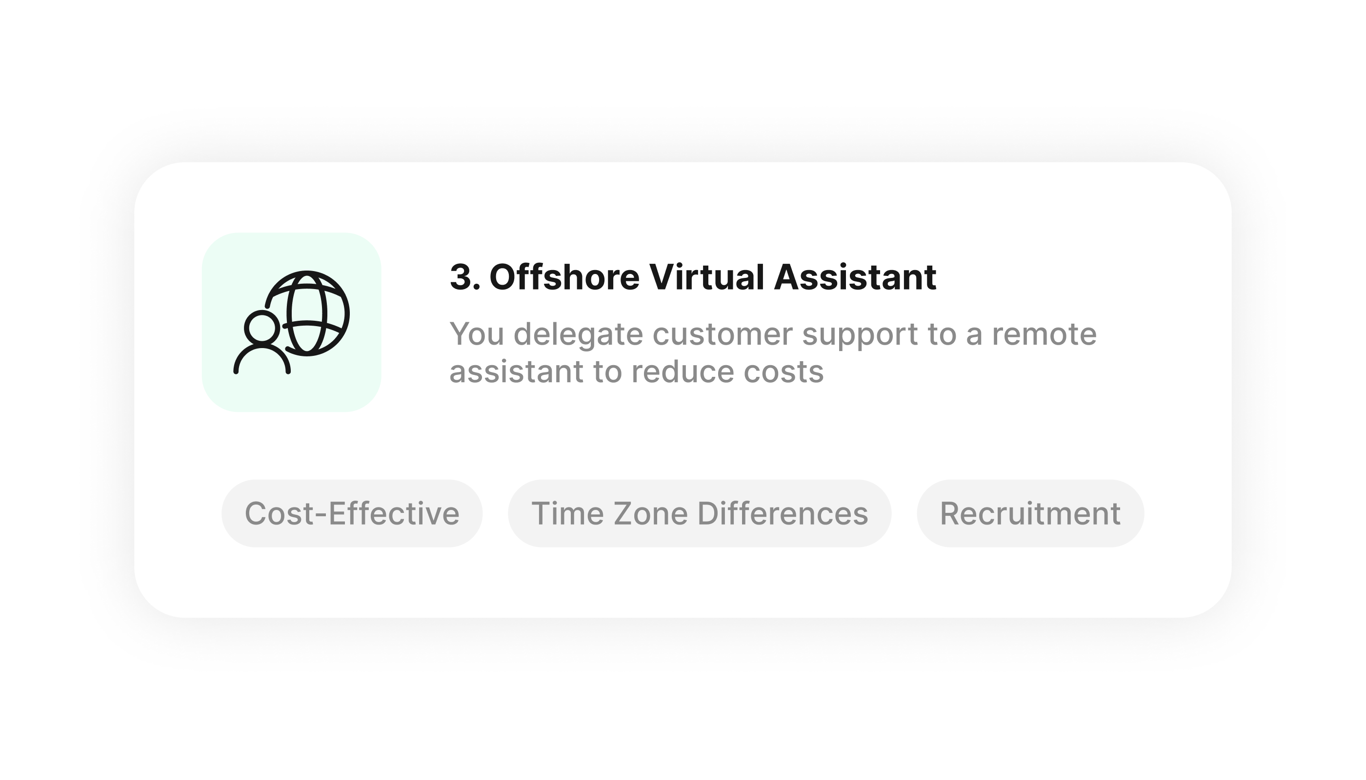Offshore virtual assistant card highlighting lower cost, time zones and recruitment requirements