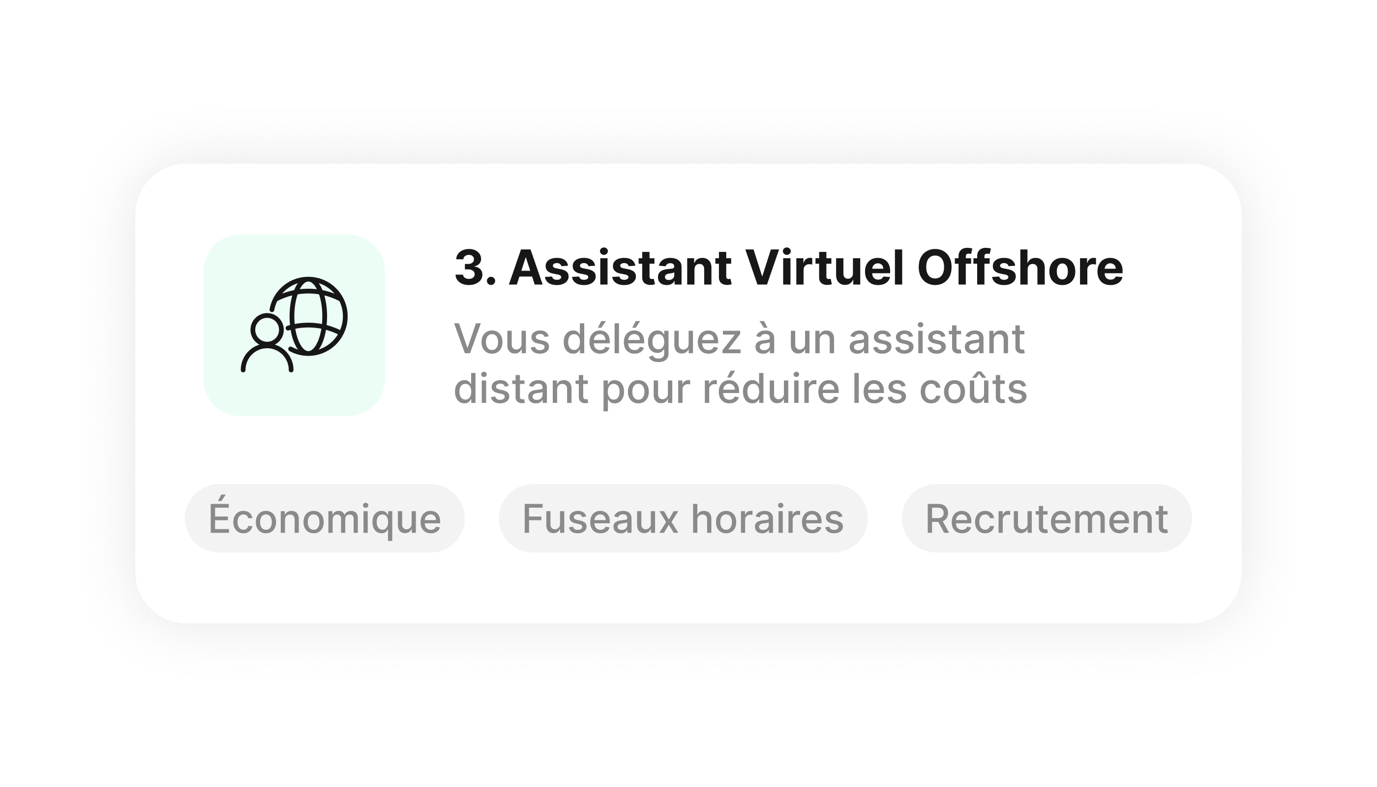 Offshore virtual assistant card highlighting lower cost, time zones and recruitment requirements