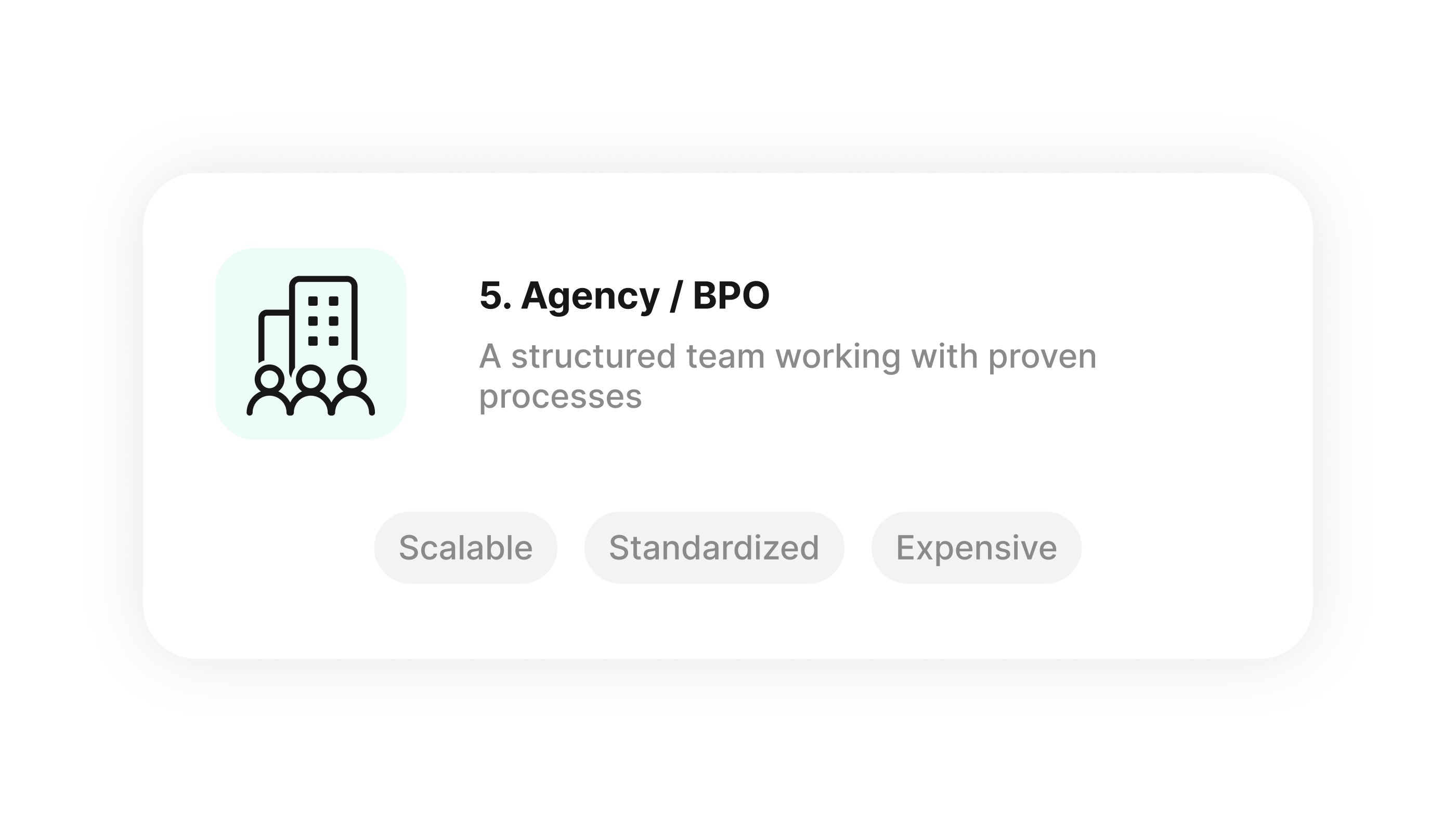 Support agency or BPO card highlighting a structured team, standardized processes, scalability and higher cost