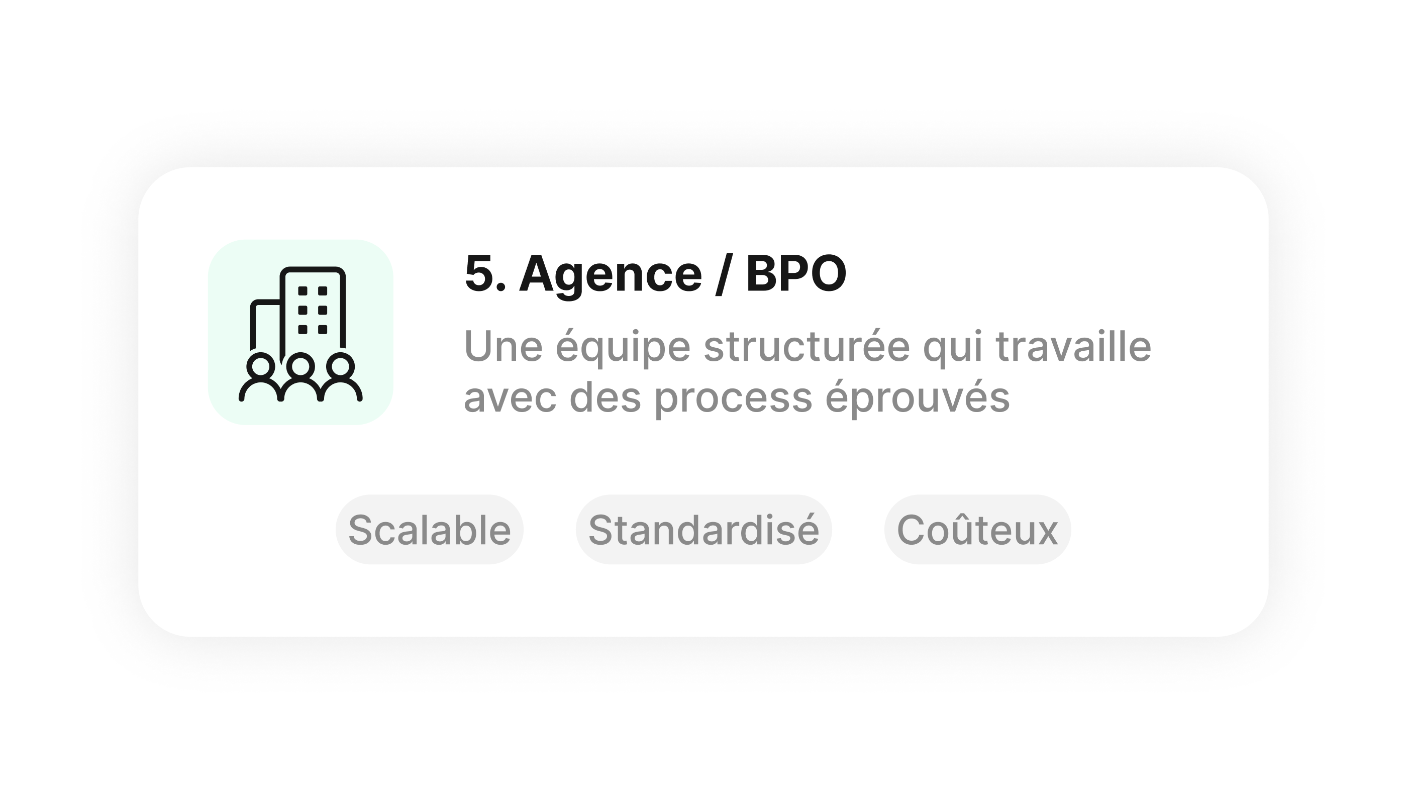 Support agency or BPO card highlighting a structured team, standardized processes, scalability and higher cost