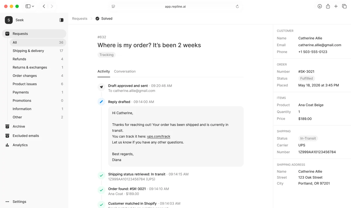 Repline support dashboard showing AI-drafted email replies
