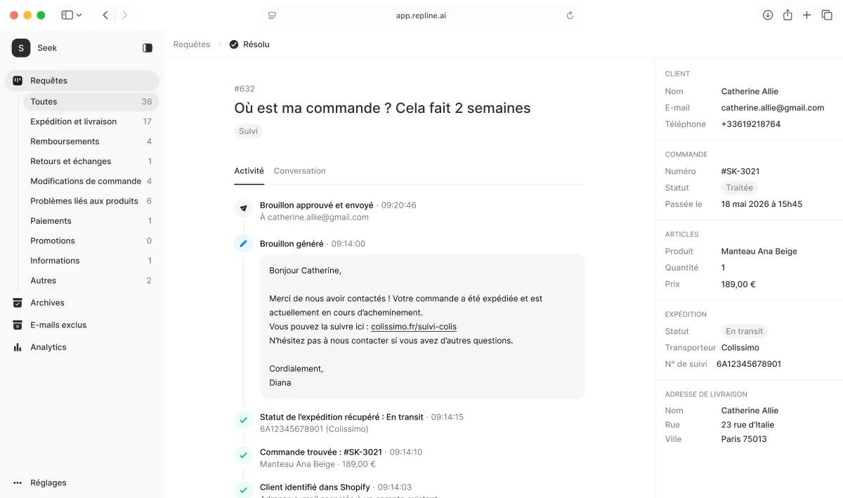 Tableau de bord Repline montrant des réponses email rédigées par IA